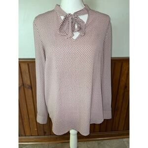 Womens Adrianna Papell Blush Pink Black Polkda Dot Tie Neck Long Sleeve Blouse M